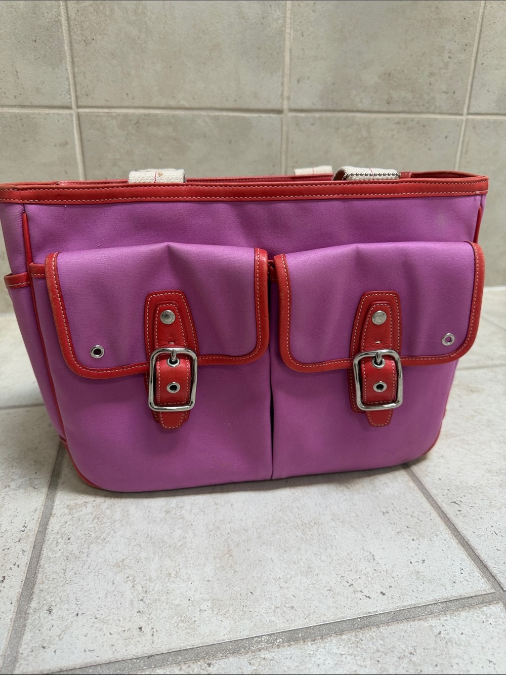 Vintage Coach Women's Pink and Red Pocket Tote Bag